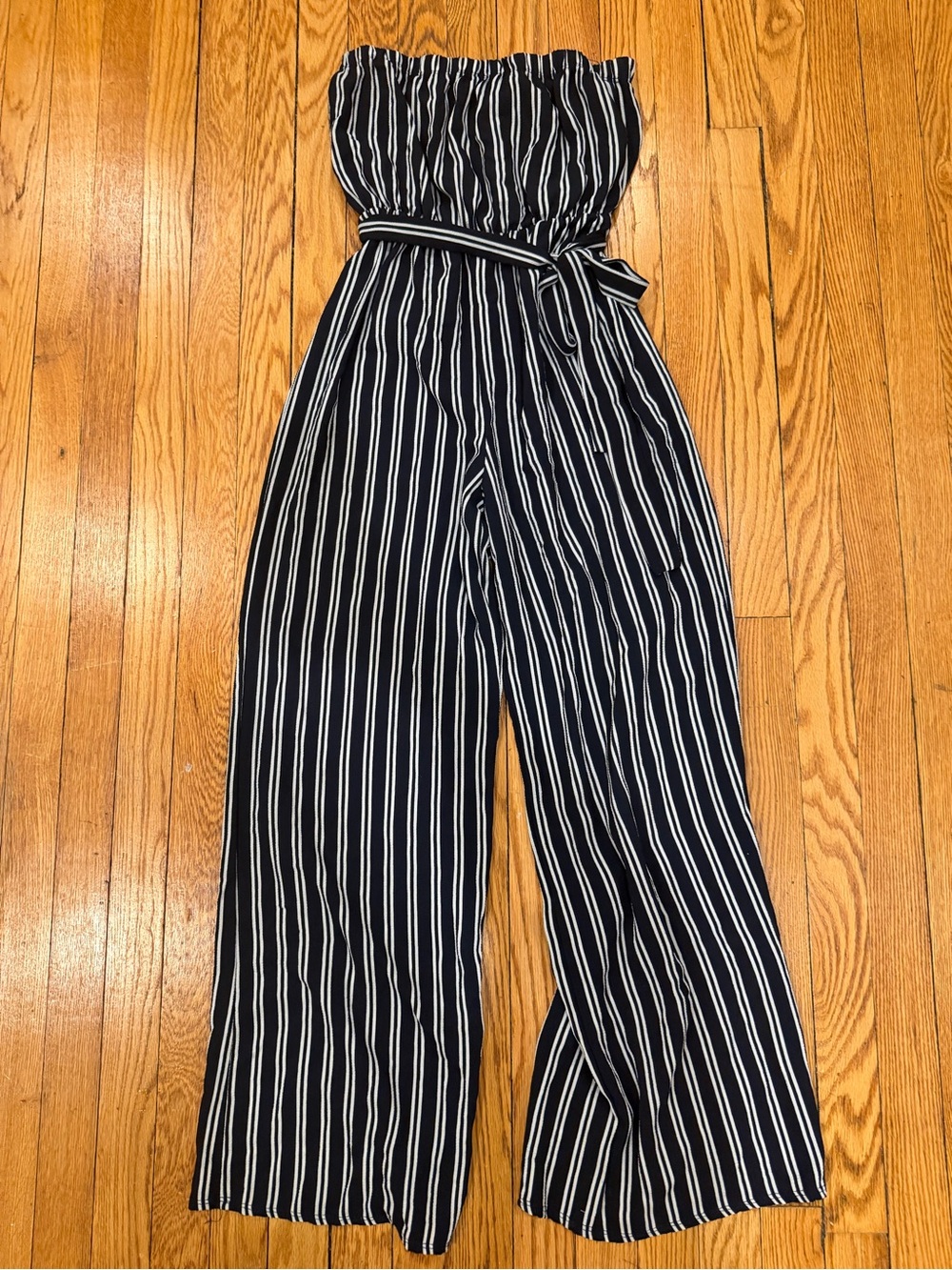 Strapless Navy & White Vertical-Striped Wide-Leg Jumpsuit